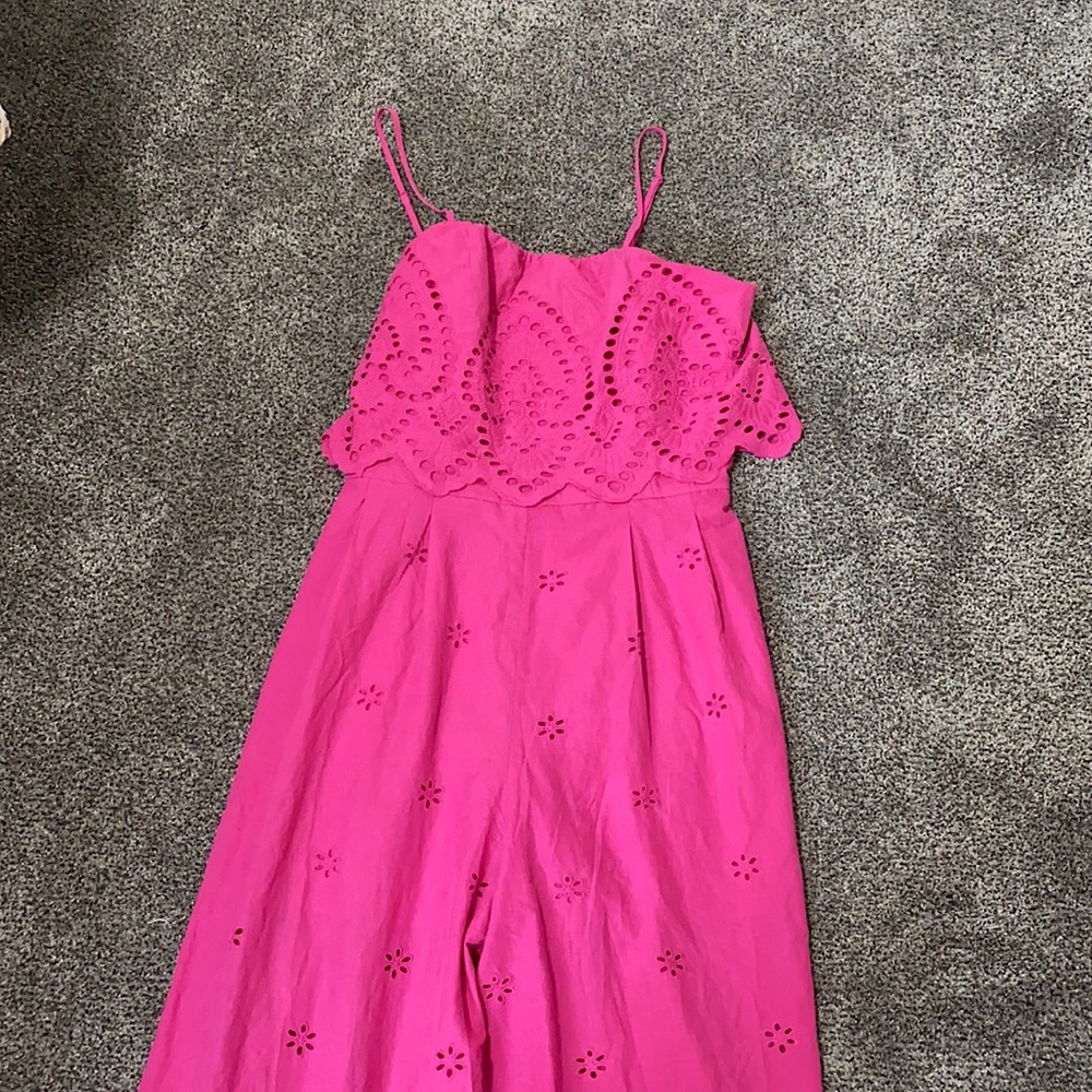 Francesca's Collections Hot Pink Eyelet Wide-Leg Jumpsuit - Picture 2 of 3